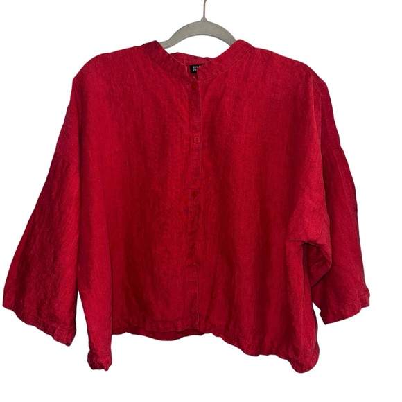 Eileen Fisher Tops - Eileen Fisher Red Irish Linen Cropped Collarless Boxy Button Shirt Size large